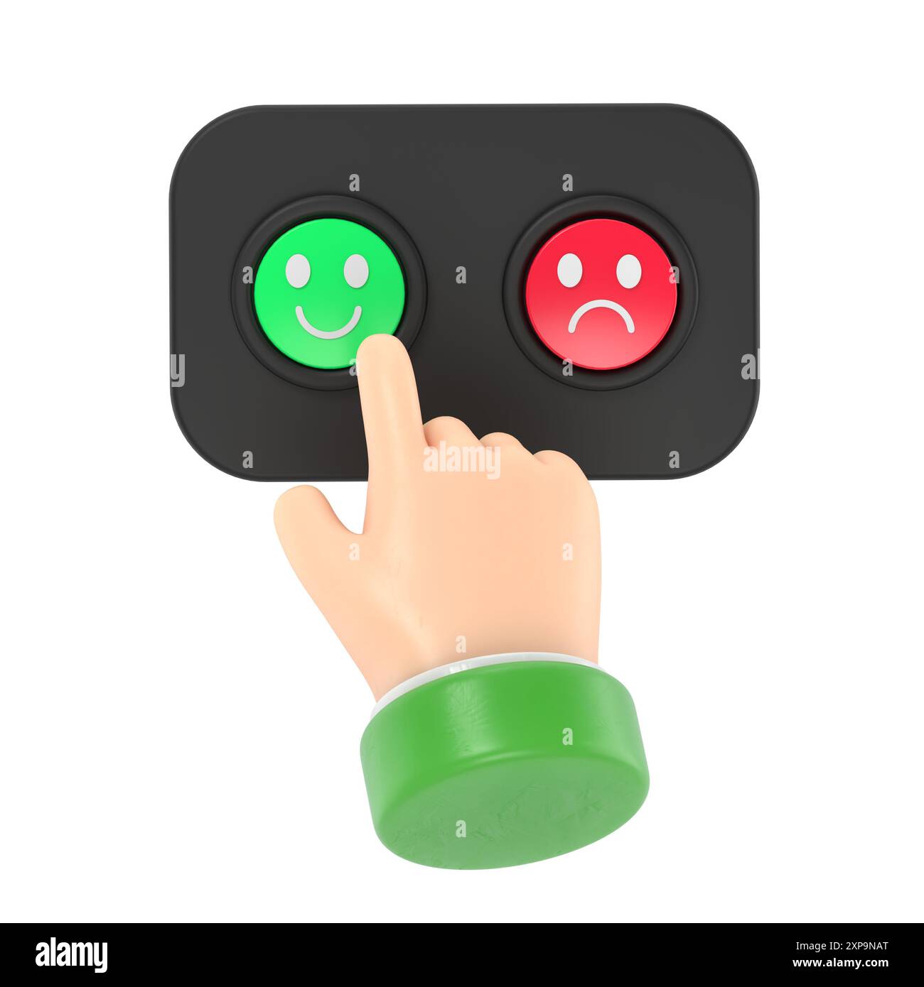 La main de dessin animé du client satisfait appuie sur le bouton vert. Clip art business ou market. Expérience positive Emotion.3D rendu sur fond blanc. Banque D'Images