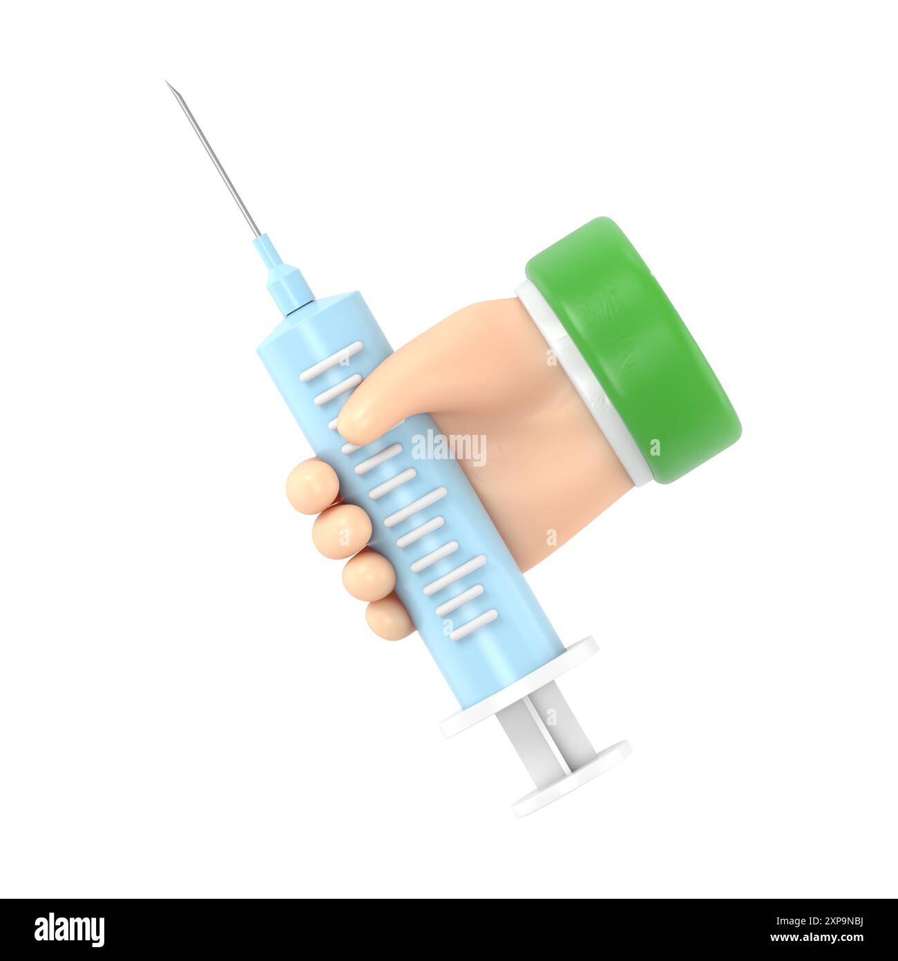 rendu 3d. Main de dessin animé de docteur tenant la grande seringue avec le vaccin contre le virus. Illustration médicale de santé. Clip pharmaceutique art.3D rendu o Banque D'Images