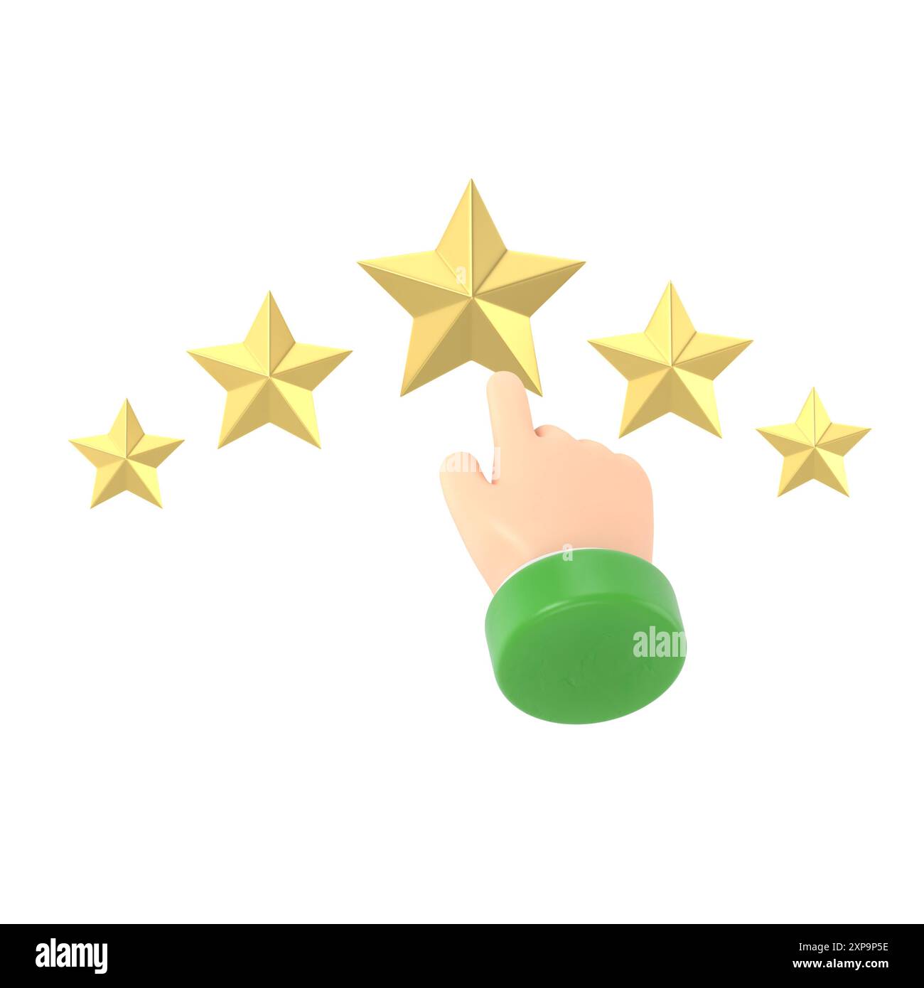 Icône d'évaluation. Star illustration 3d design plat. Concept de feedback. Système d'évaluation. Avis positif. Travail de qualité. Le doigt de l'homme pointe vers la star.3D. Banque D'Images