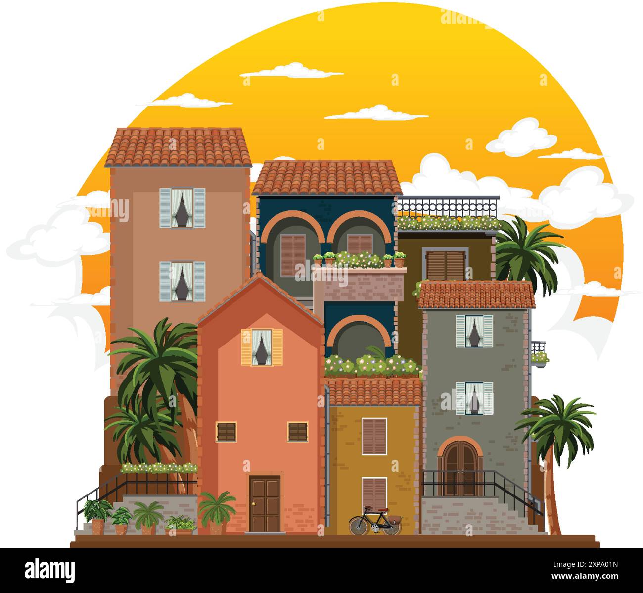 Bâtiments colorés avec un fond de coucher de soleil Illustration de Vecteur