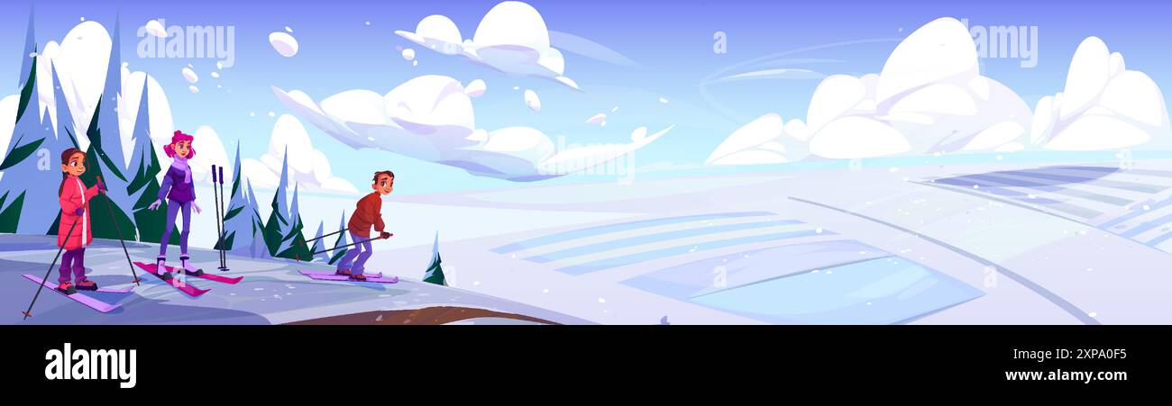 Adolescent garçon et fille en vêtements d'hiver et équipement de ski sur la haute montagne enneigée allant glisser vers le bas de la pente. Paysage de vacances d'activité de saison froide de vecteur de dessin animé. Adolescent touriste ski de descente. Illustration de Vecteur