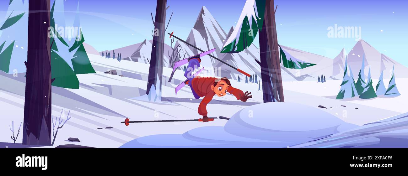 Teen Guy dans les skis avec des bâtons tombent et volent dans la dérive de neige. Vecteur de dessin animé danger activité de vacances d'hiver sur les montagnes enneigées avec des arbres dans la forêt. Adolescent garçon dans la tenue tombant pendant la pente descendante. Illustration de Vecteur