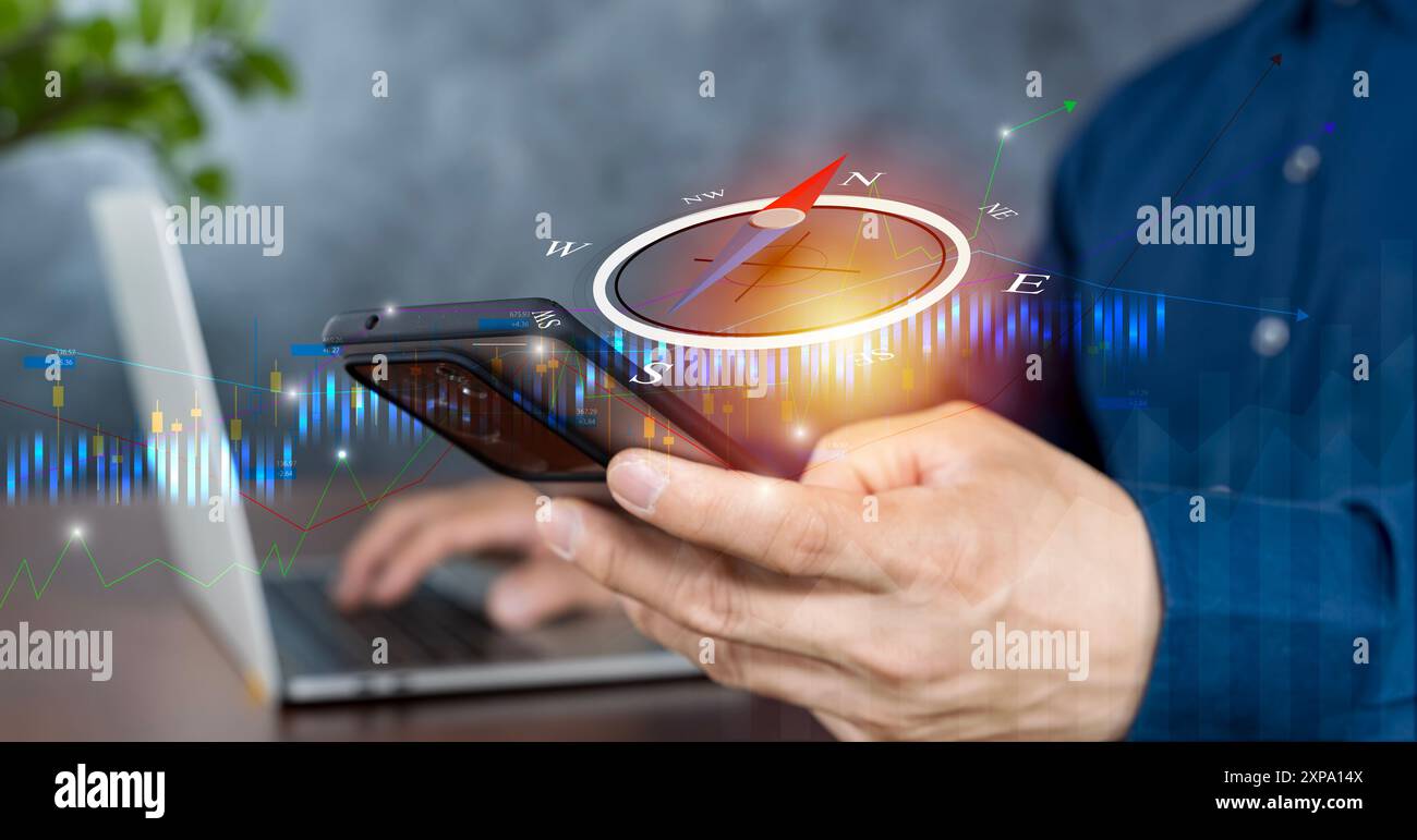 Business Navigate Recovery, Abstract, la boussole naviguer pour les hommes d'affaires pour reprendre la croissance des affaires dans la crise économique, repenser, réinventer et Rec Banque D'Images