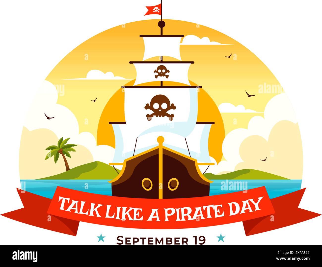 International Talk Like a Pirate Day illustration vectorielle avec de mignons personnages de dessin animé pirate et des éléments décoratifs dans un fond de dessin animé de style plat Illustration de Vecteur