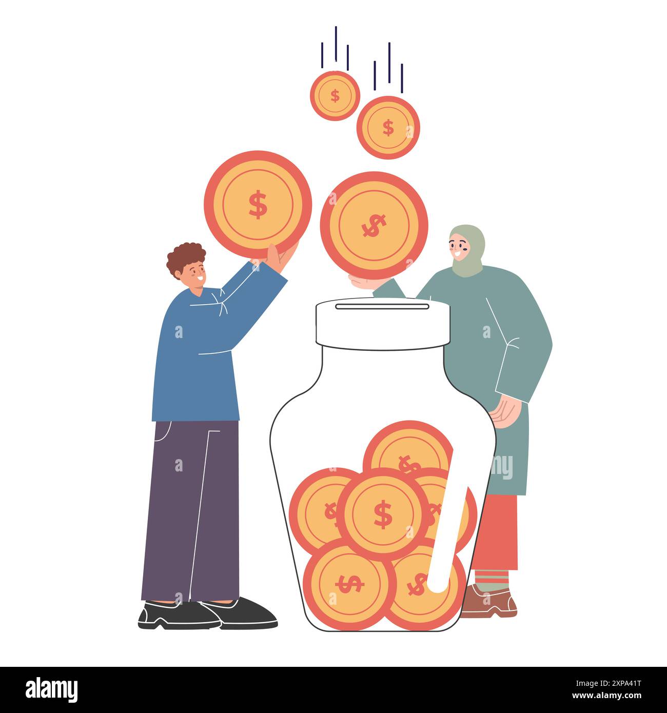 collecte de fonds homme femme deux personnes rassemblant de l'argent gestion des dons économiser de l'argent don de charité sociale grand pot Illustration de Vecteur