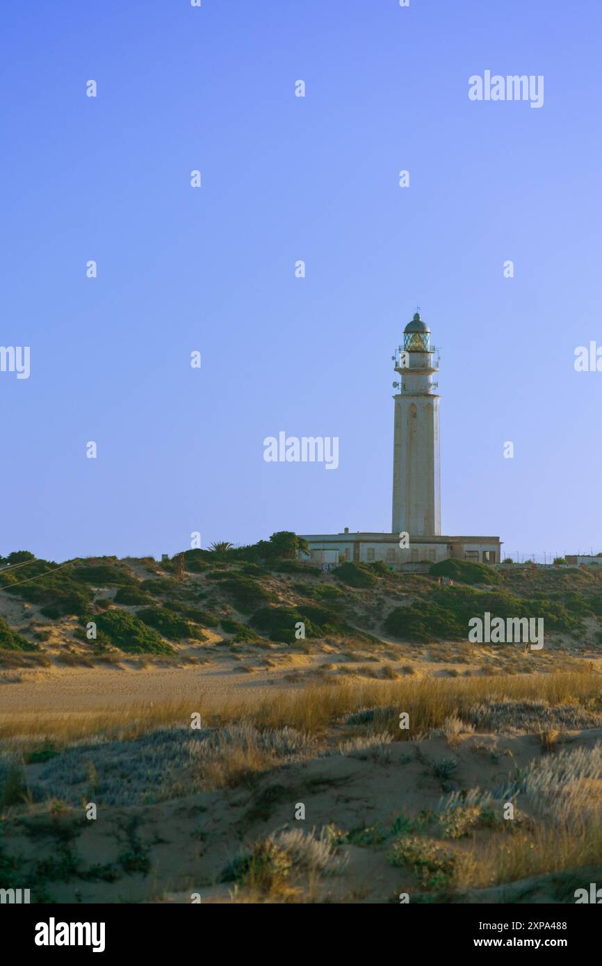 le phare de trafalgar, témoin silencieux des plus grandes batailles de l’atlantique, couronne le paysage de barbate. Banque D'Images