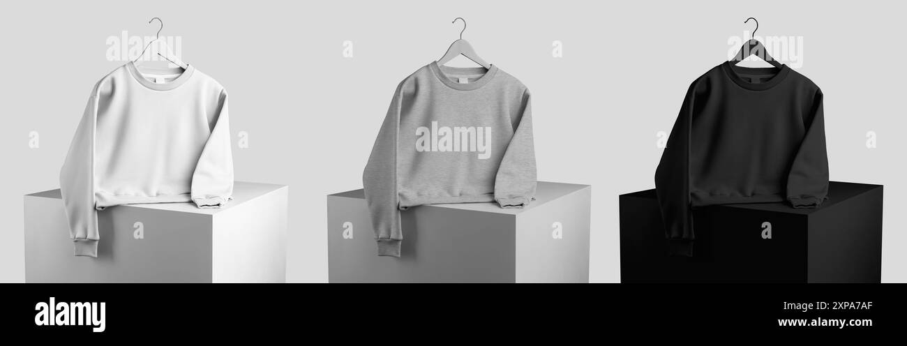 Maquette de sweat-shirt blanc, noir, chiné femelle Crop sur cintre, présentation sur cube, isolé sur fond, vue de face. Modèle de WO à la mode Banque D'Images