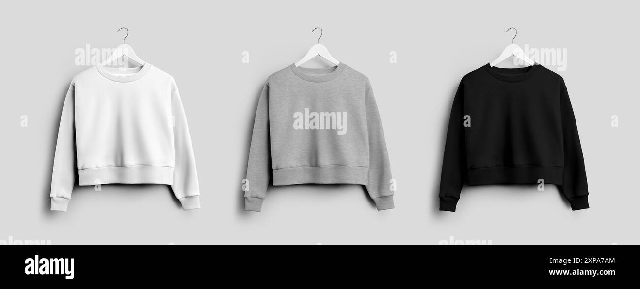Maquette de sweat-shirt blanc, noir, chiné Crop sur cintre, vêtements décontractés pour femmes avec col rond, isolé sur fond, vue de face. Long et élégant s Banque D'Images