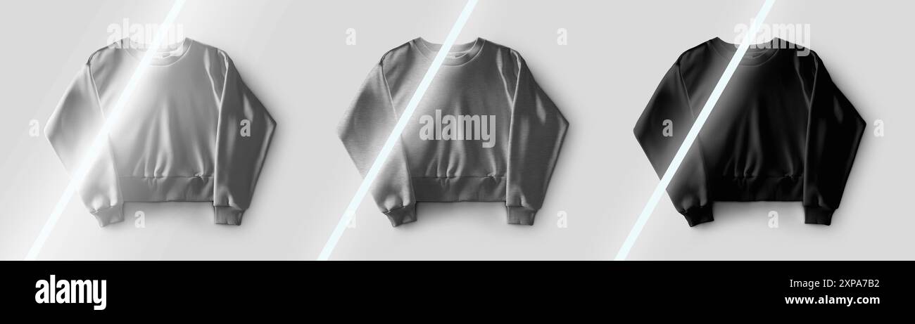 Maquette de sweat-shirt blanc, noir, chiné Crop avec lampe diagonale, vêtements élégants pour femmes, isolé sur fond, vue de face. Définir. Rue tendance Banque D'Images