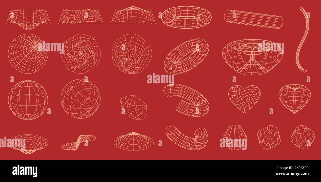 Forme de grille géométrique polygonale filaire abstraite définie sur fond rouge. Illustration vectorielle d'élément de conception rétro futuriste. Illustration de Vecteur