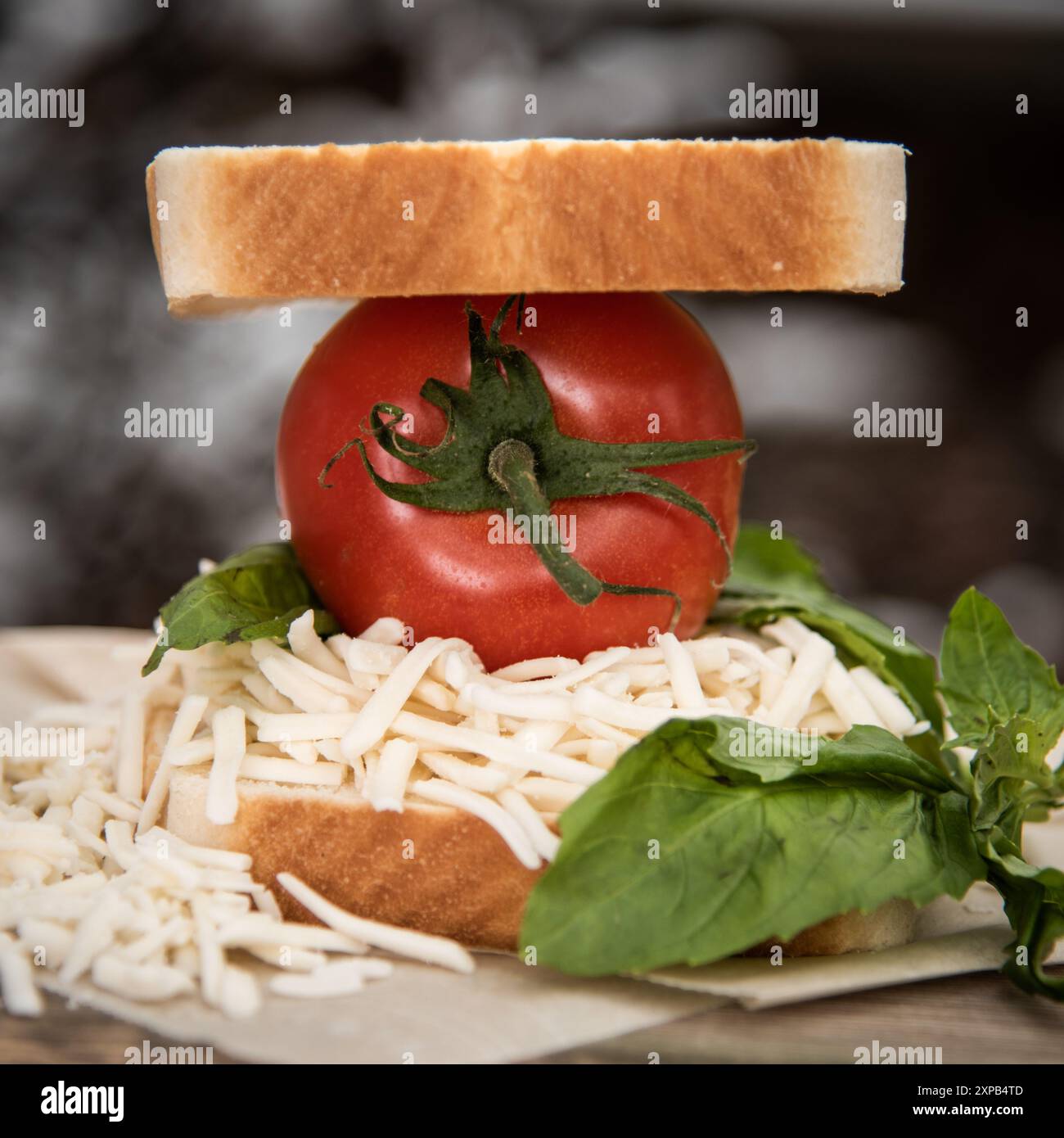 Sandwich artistique avec tomate, fromage râpé, basilic et pain Banque D'Images