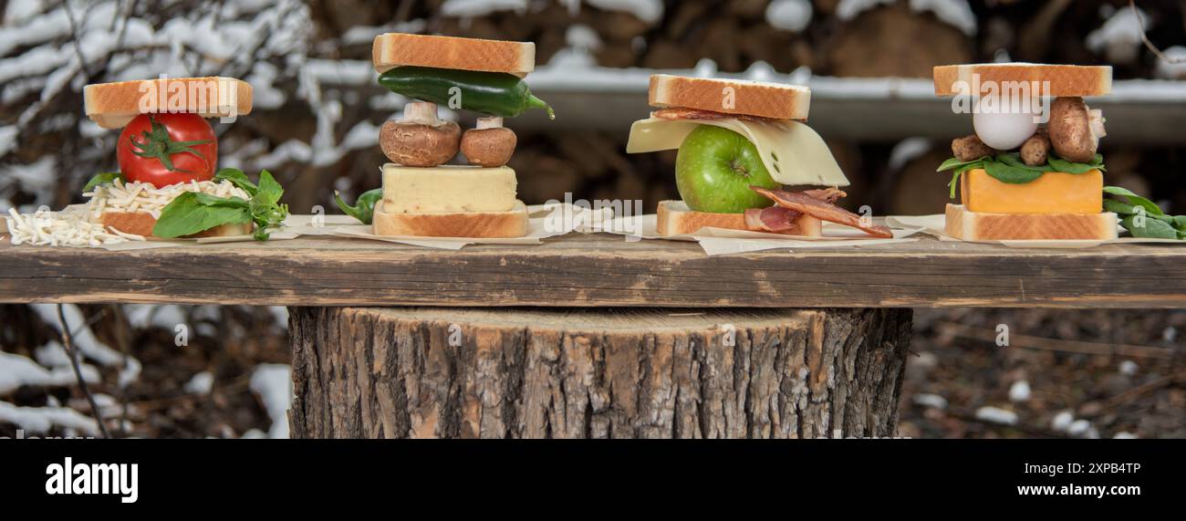 Quatre sandwichs uniques avec des ingrédients variés sur un outdo rustique Banque D'Images