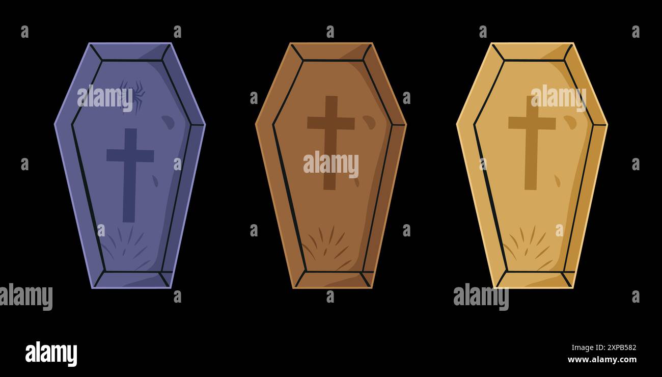 Ensemble vectoriel coloré de Coffin en bois avec couvercle, boîte funéraire avec croix pour cimetière, concept funéraire chrétien Illustration de Vecteur