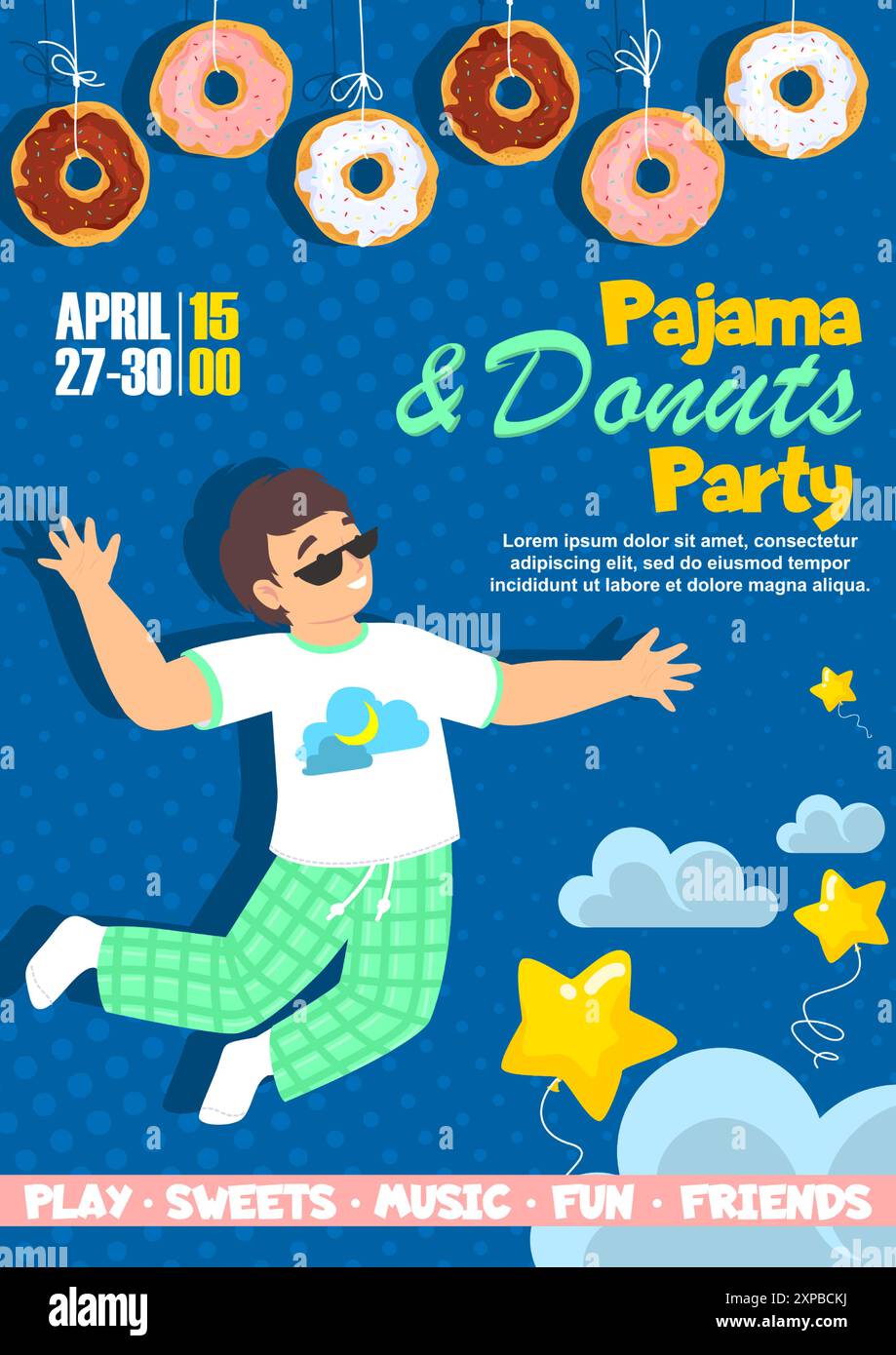 Pyjama et beignets partie pour modèle de conception d'affiche pour enfants Illustration de Vecteur