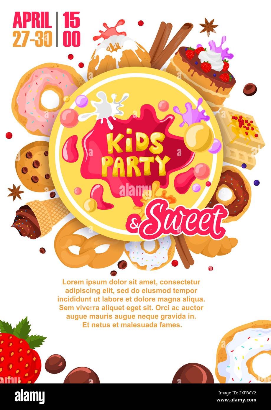 Fête d'enfants avec des bonbons et desserts affiche d'invitation Illustration de Vecteur