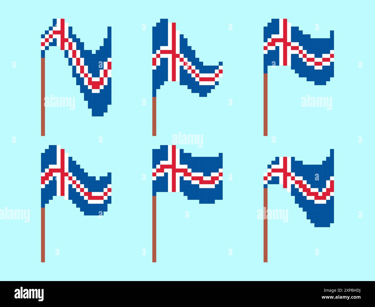 Pixel Islande icône drapeau ensemble isolé sur fond blanc. Agitant le drapeau de l'Islande dans un style graphique rétro 8 bits des années 80 Design dans le style pixel art Illustration de Vecteur