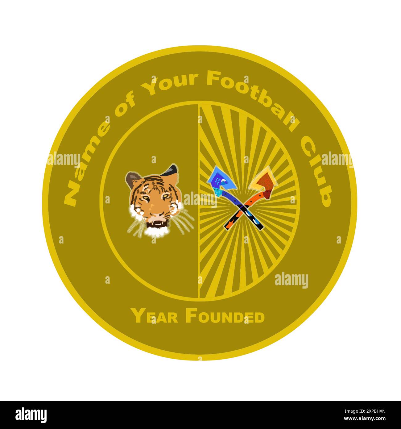 Concept pour un logo de club de football avec une couleur de base dorée, têtes d'animaux et armes de guerre. Illustration de Vecteur