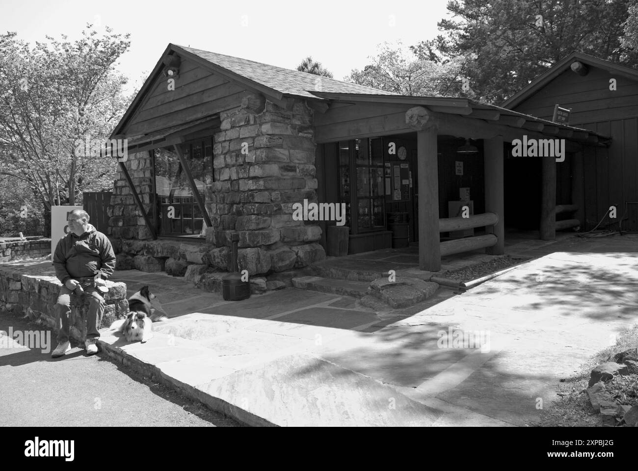 Un homme caucasien, âgé de 40 à 45 ans, assis devant le centre d'accueil du parc d'État de petit Jean, près de Morrilton, Arkansas, États-Unis, avec deux chiens. Banque D'Images