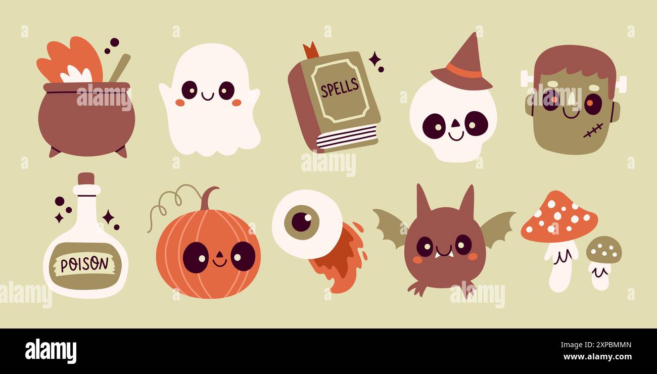 Ensemble d'éléments d'Halloween mignon. Fantôme, squelette, chauve-souris, citrouille. Pour scrapbooking, carte de voeux, invitation de fête, affiche Illustration de Vecteur