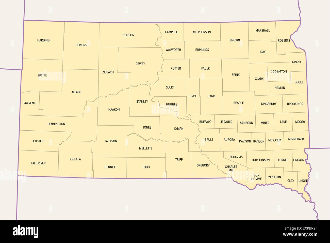 Dakota du Sud, État américain, subdivisé en 66 comtés, carte politique avec frontières et noms de comté. État de la région Centre-Nord des États-Unis. Banque D'Images