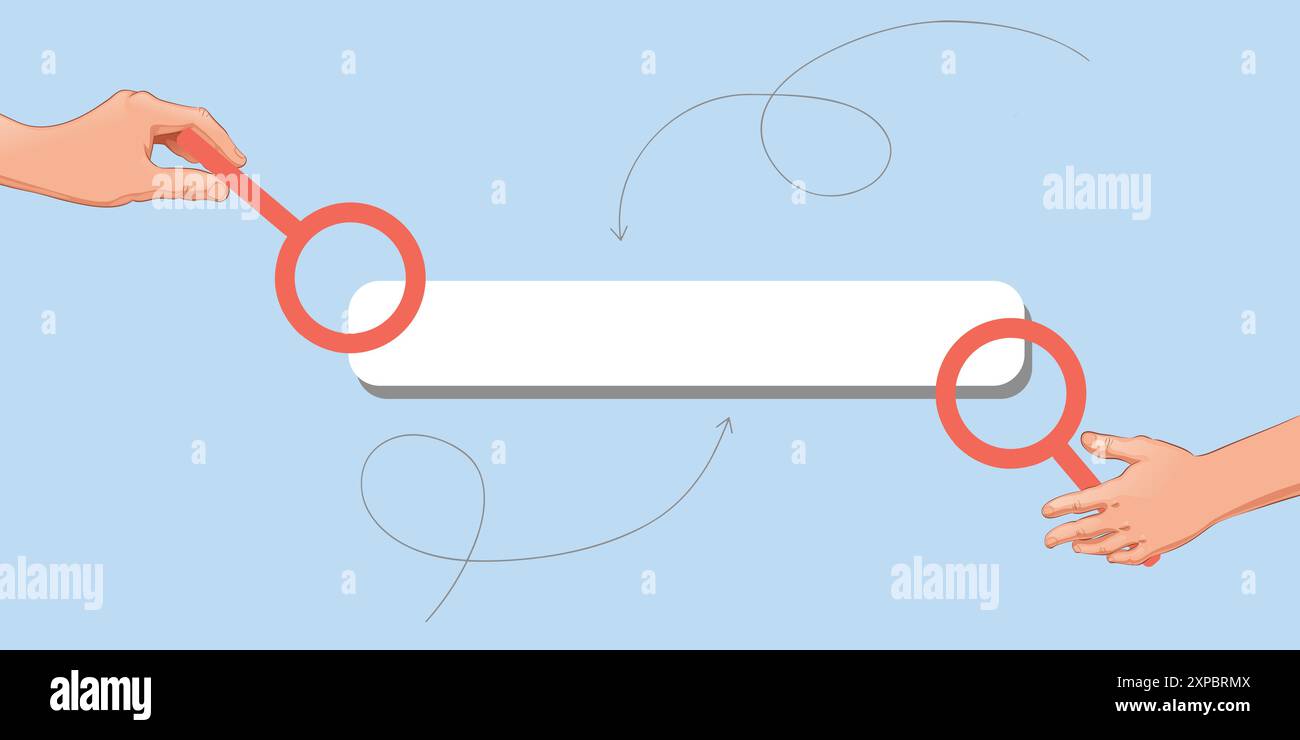 Concept de recherche de collage à la mode. Mains tenant la loupe sous la barre de recherche. Illustration vectorielle Illustration de Vecteur