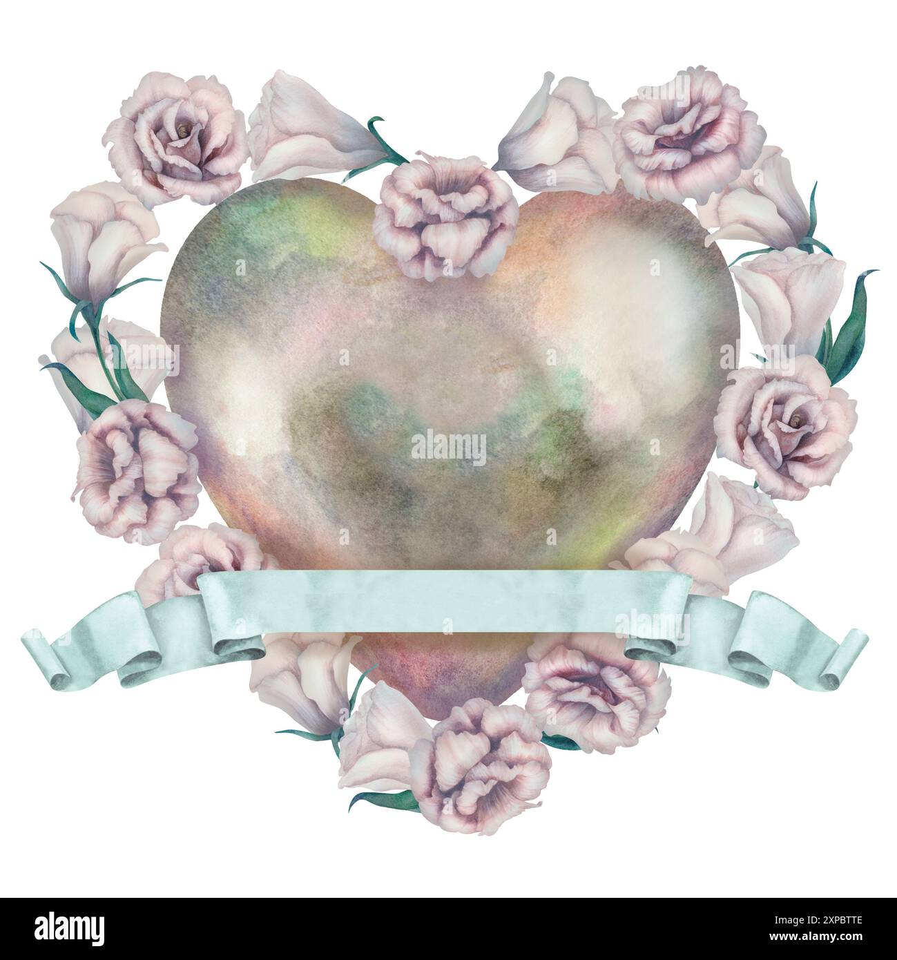 Coeur d'aquarelle perle de texture luisante avec une couronne de fleurs de menthol et une bannière de ruban rose vierge. Signe d'amour décoratif romantique isolé sur whit Banque D'Images