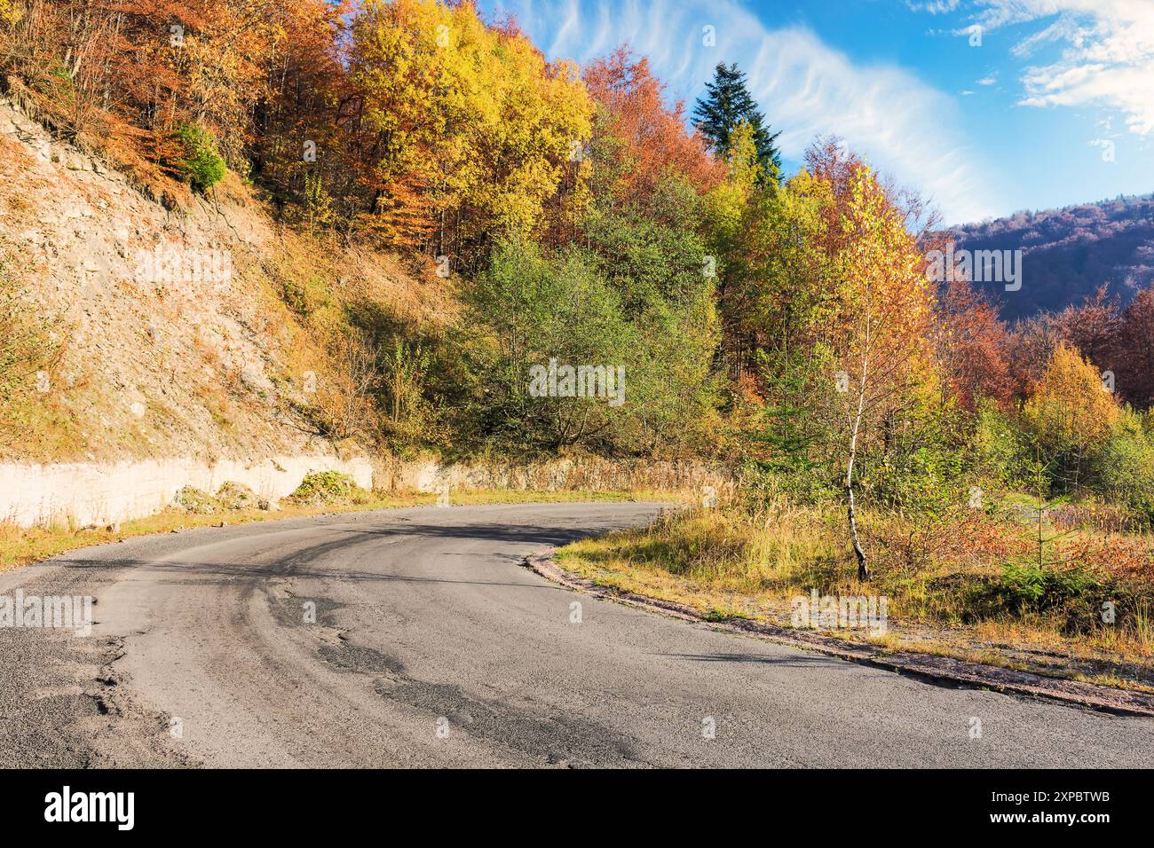 route de campagne asphaltée en montagne en automne. forêt sur la colline en feuillage d'automne. temps ensoleillé. road trip à travers la campagne de l'ukraine Banque D'Images