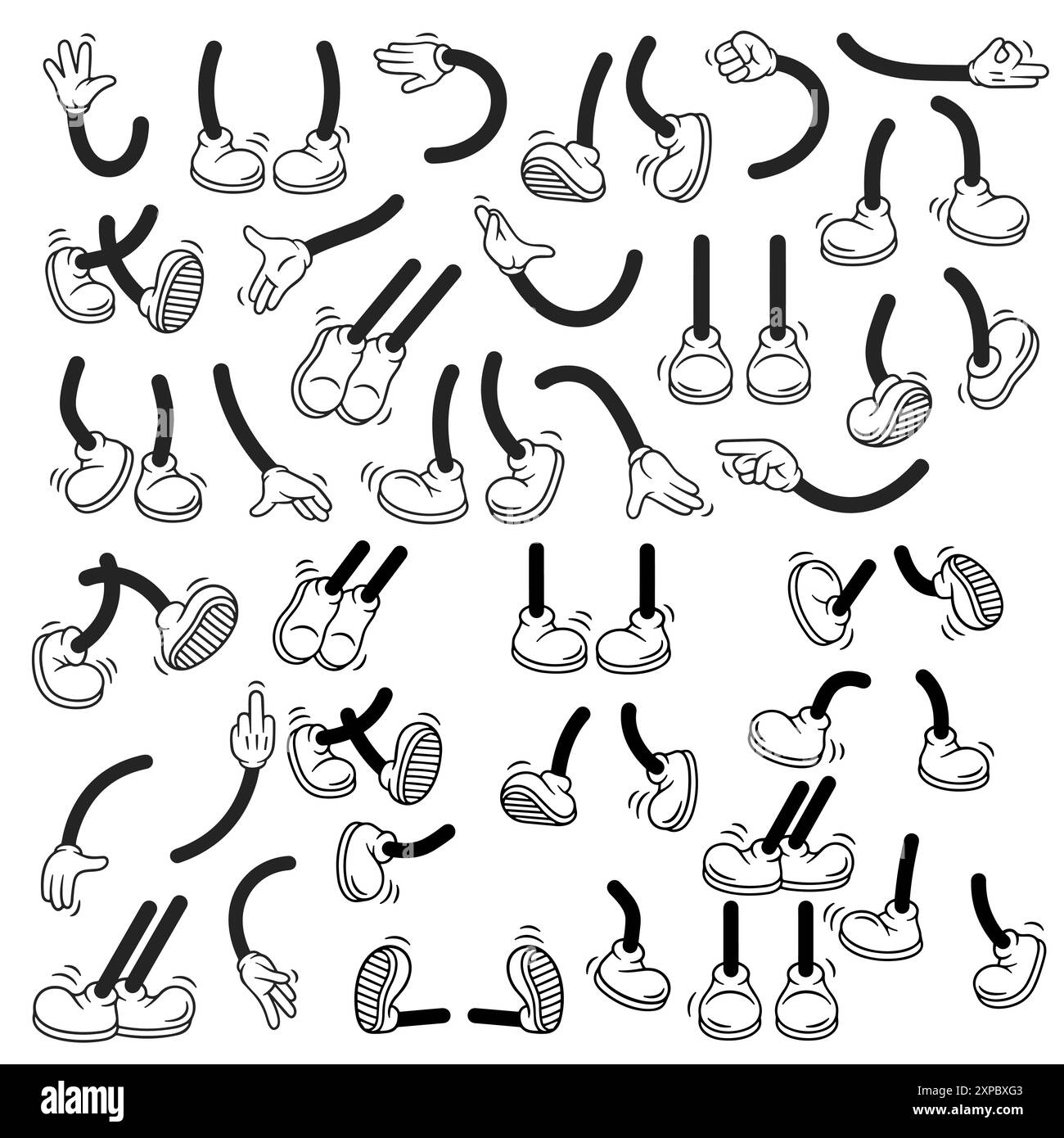 Pieds et mains rétro comiques dans différentes poses. Éléments isolés de caractère de mascotte des années 1920 à 1950 Illustration vectorielle Illustration de Vecteur