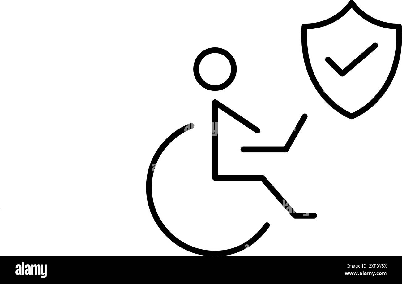 Personne handicapée travaillant à l'ordinateur portable en fauteuil roulant et bouclier de sécurité avec coche. Sécurité et protection du travail. Icône vectorielle Pixel Perfect Illustration de Vecteur