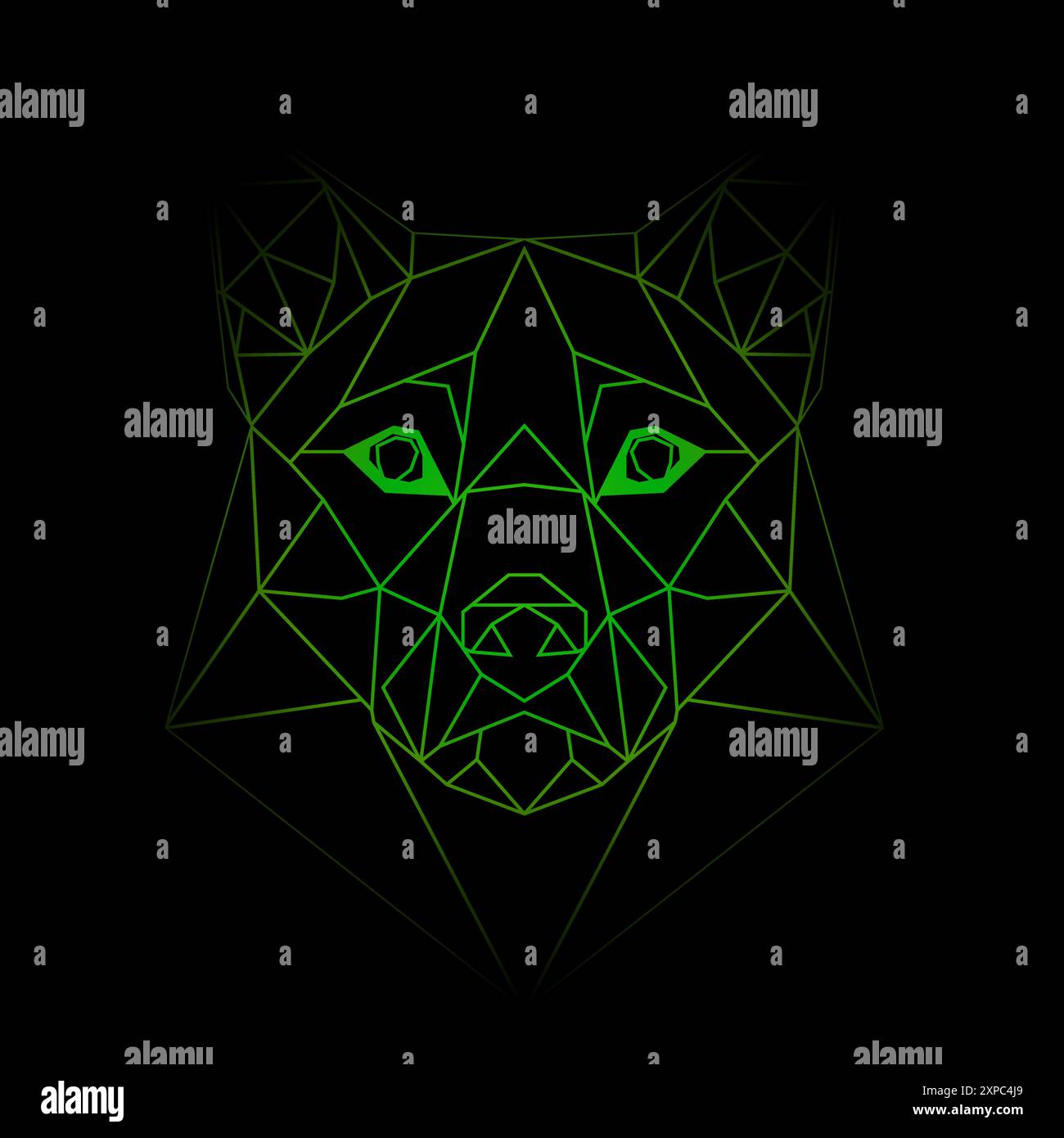 Dessin de ligne verte d'une tête de loup sur un fond noir avec une lumière verte au milieu, fond noir. Art vectoriel, sots art, low poly, cubo Illustration de Vecteur