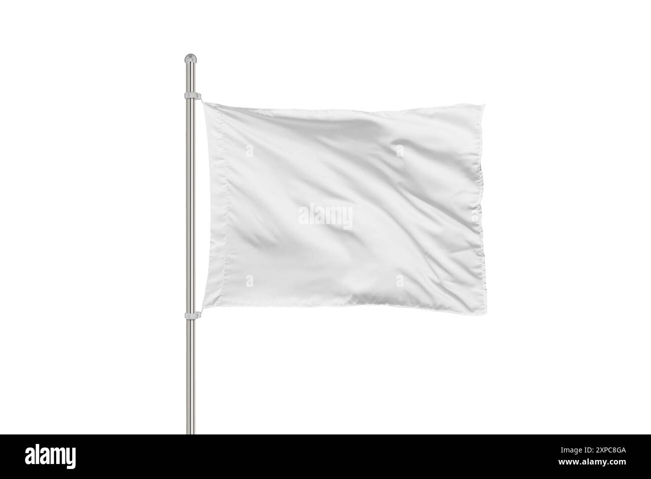 Drapeau blanc isolé sur un support en métal. Idéal pour mettre en valeur des logos, des marques ou des designs personnalisés. Design épuré et polyvalent avec un accent sur la simplicité et Banque D'Images