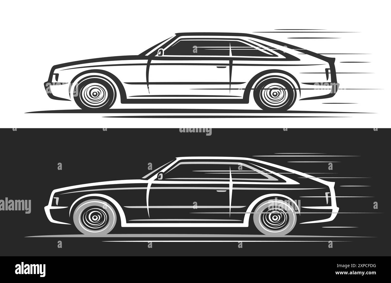 Logo vectoriel pour Liftback car, bannières décoratives automobiles avec illustration clip art de la voiture concept vintage liftback en mouvement, line art courant mon Illustration de Vecteur