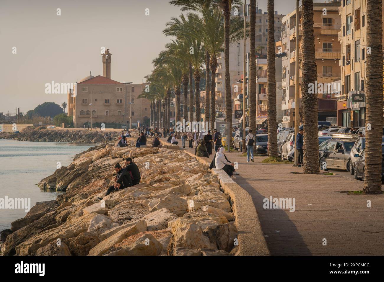 Les jeunes Arabes sur le front de mer de Tyr avec les palmiers et la promenade le long de la rive de la mer Méditerranée, Liban, moyen-Orient. Banque D'Images