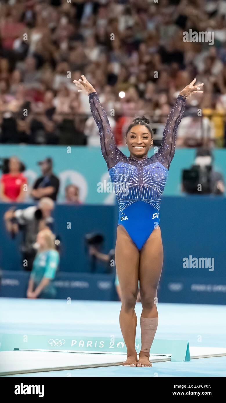 Paris, Ile de France, France. 1er août 2024. SIMONE BILES (États-Unis), des États-Unis, participe aux finales féminines à la Bercy Arena lors des Jeux olympiques d'été de Paris en 2024. (Crédit image : © Walter Arce/ZUMA Press Wire) USAGE ÉDITORIAL SEULEMENT! Non destiné à UN USAGE commercial ! Banque D'Images