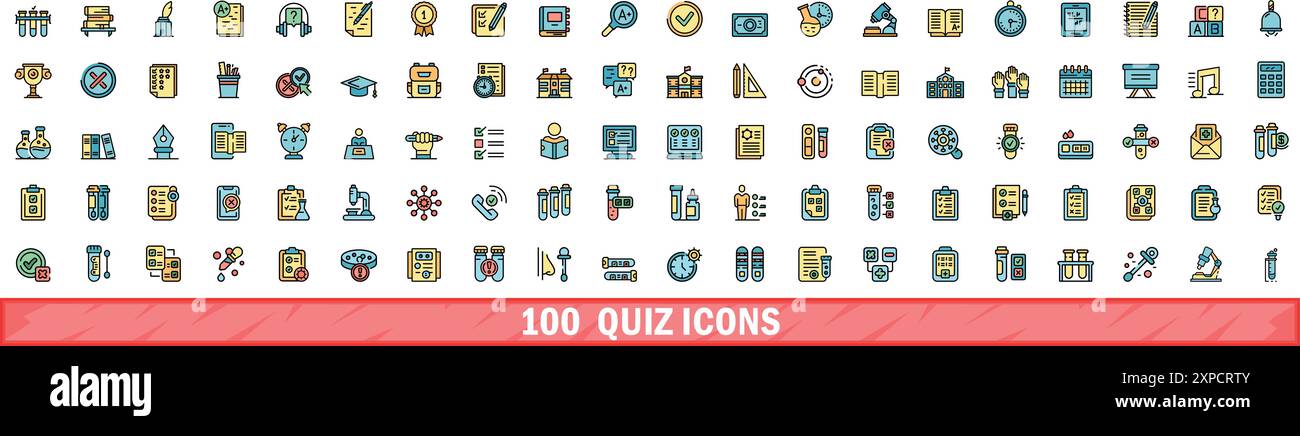 jeu d'icônes de quiz 100. Ensemble de ligne de couleur d'icônes vectorielles de quiz couleur de ligne mince plat sur blanc Illustration de Vecteur