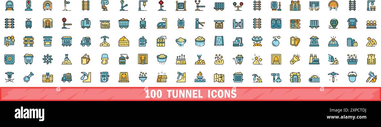 100 icônes de tunnel définies. Ensemble de lignes de couleur d'icônes de vecteur de tunnel couleur de ligne mince plat sur blanc Illustration de Vecteur