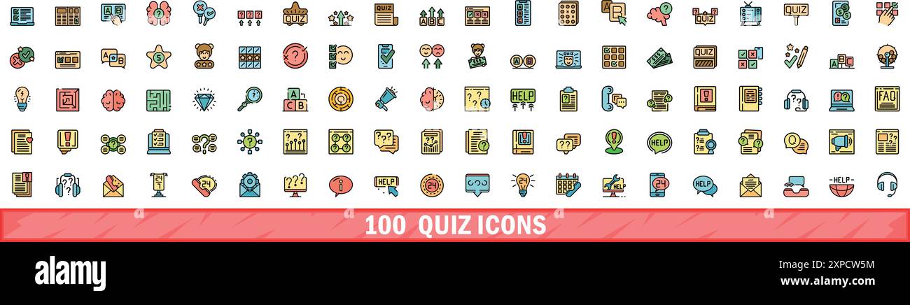 jeu d'icônes de quiz 100. Ensemble de ligne de couleur d'icônes vectorielles de quiz couleur de ligne mince plat sur blanc Illustration de Vecteur