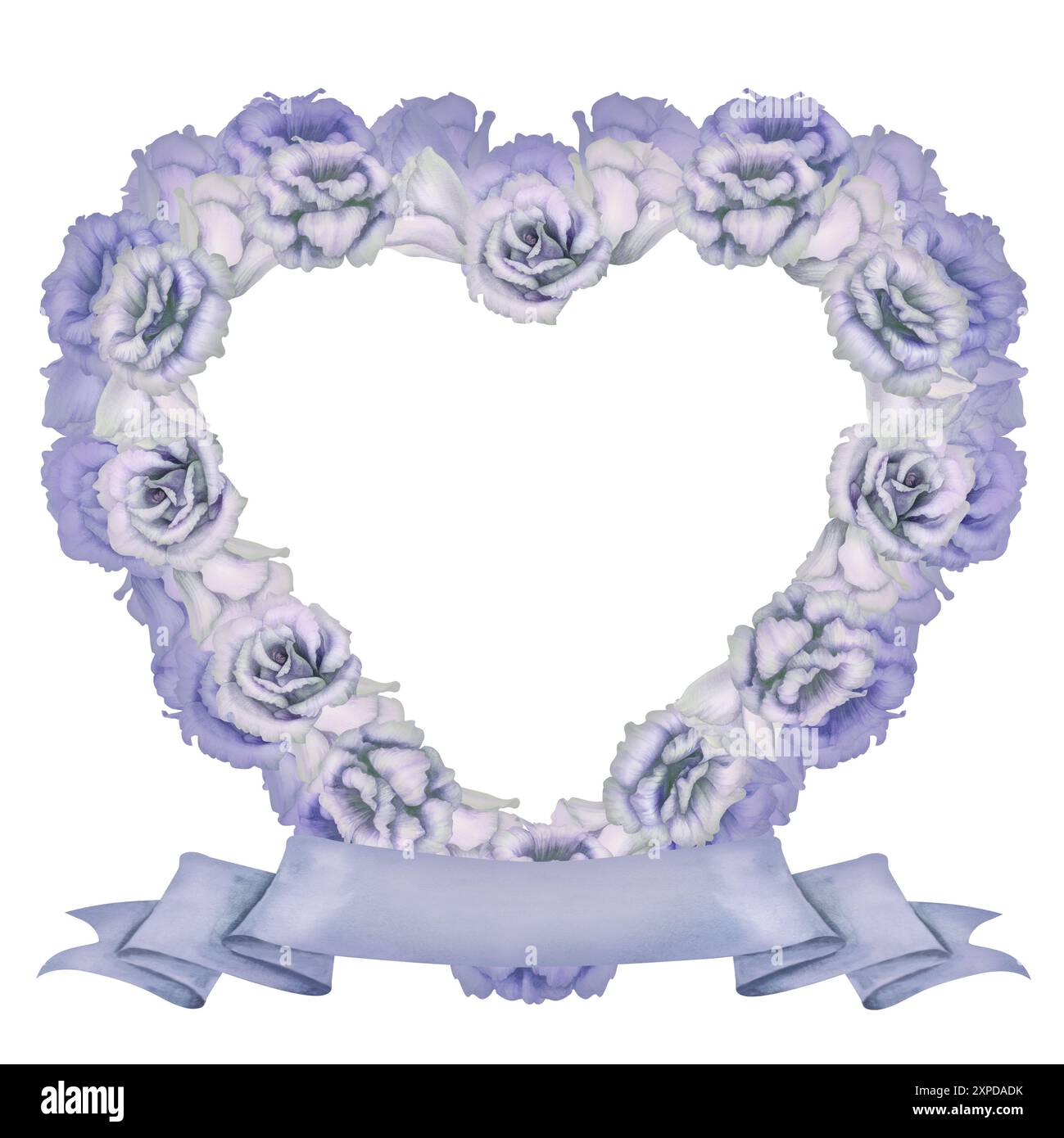 Couronne en forme de coeur aquarelle florale de fleurs bleues et bannière de ruban rose vierge pour le texte. Signe d'amour décoratif romantique isolé sur fond blanc Banque D'Images