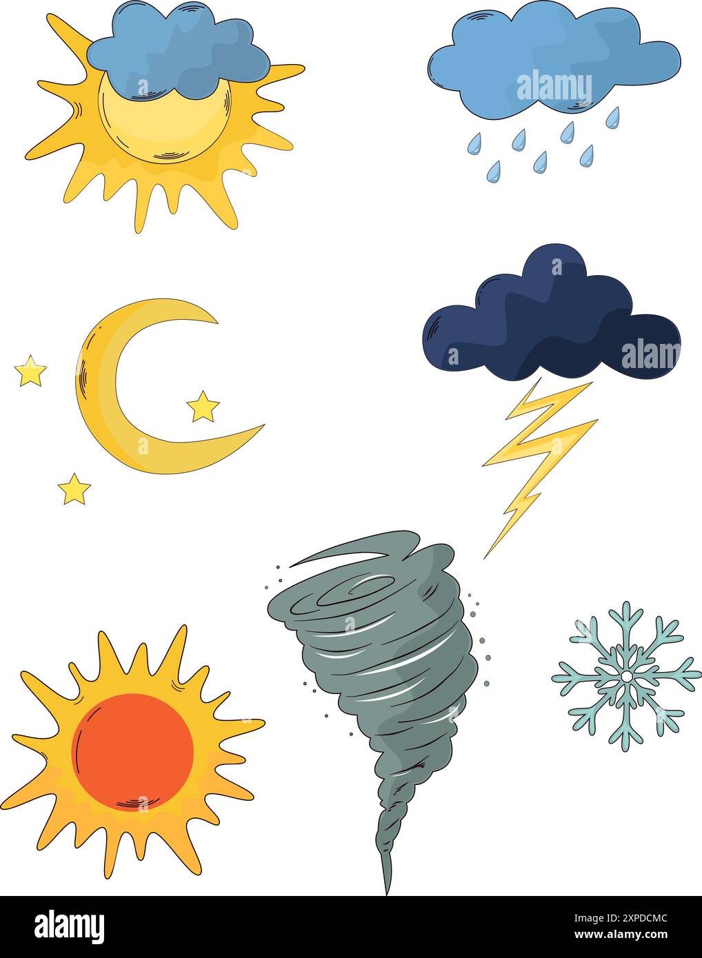 Cartoon Météo Flat icônes de soleil nuageux tornade de pluie de foudre Illustration de Vecteur