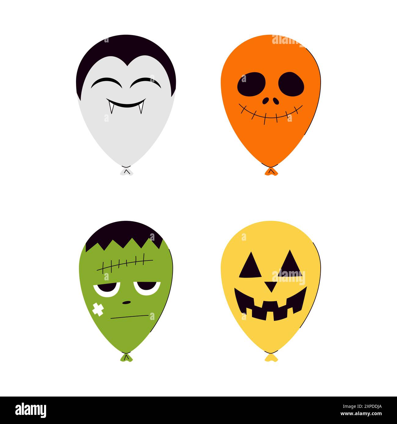 Quatre ballons d'Halloween avec des visages différents. L'un est un vampire, l'autre est un squelette, l'autre est un monstre Frankenstein, et l'autre est une citrouille. Dessin animé vectoriel Illustration de Vecteur