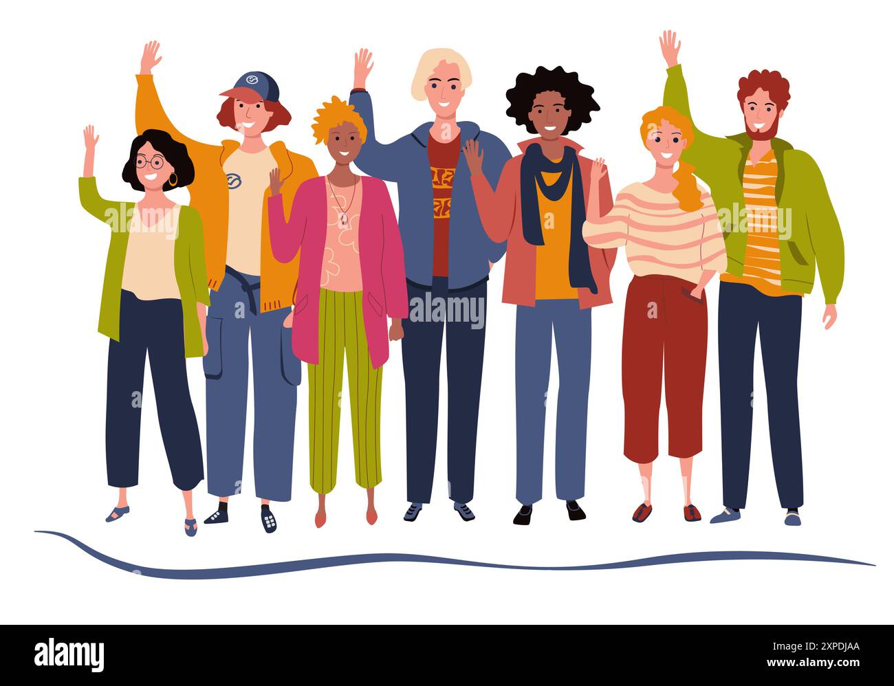 Groupe d'amis heureux. Jeunes ensemble. Les gens saluant geste illustration vectorielle plate dans un style plat Illustration de Vecteur