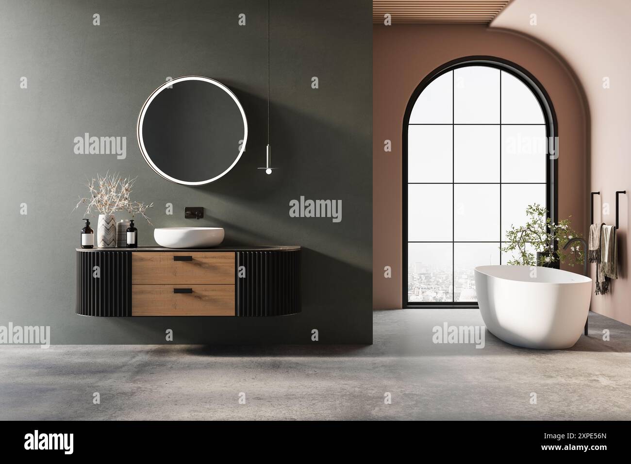 Intérieur de salle de bain moderne avec parquet brun, murs verts et orange, lavabo blanc lavabo, miroir ovale, baignoire, plantes intérieures, vue de face. Minima Banque D'Images