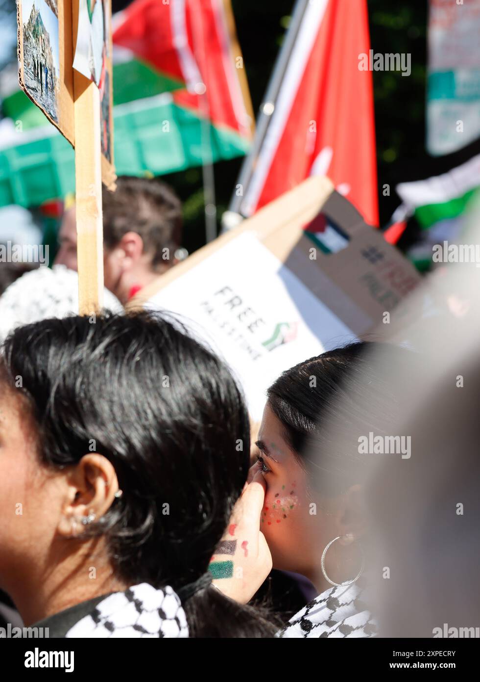 Les manifestants écoutent un orateur au “Rally for Return : All Out for Gaza” à Los Angeles le 14 octobre 2023. Photo de Raquel G. Frohlich. Banque D'Images