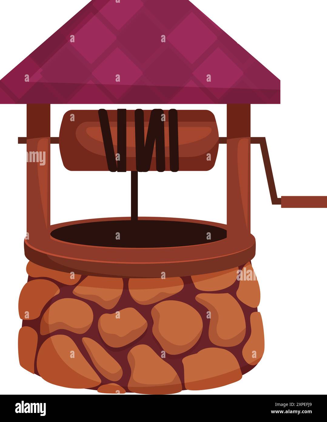 Puits traditionnel en pierre et bois, équipé d'une manivelle pour tirer l'eau Illustration de Vecteur