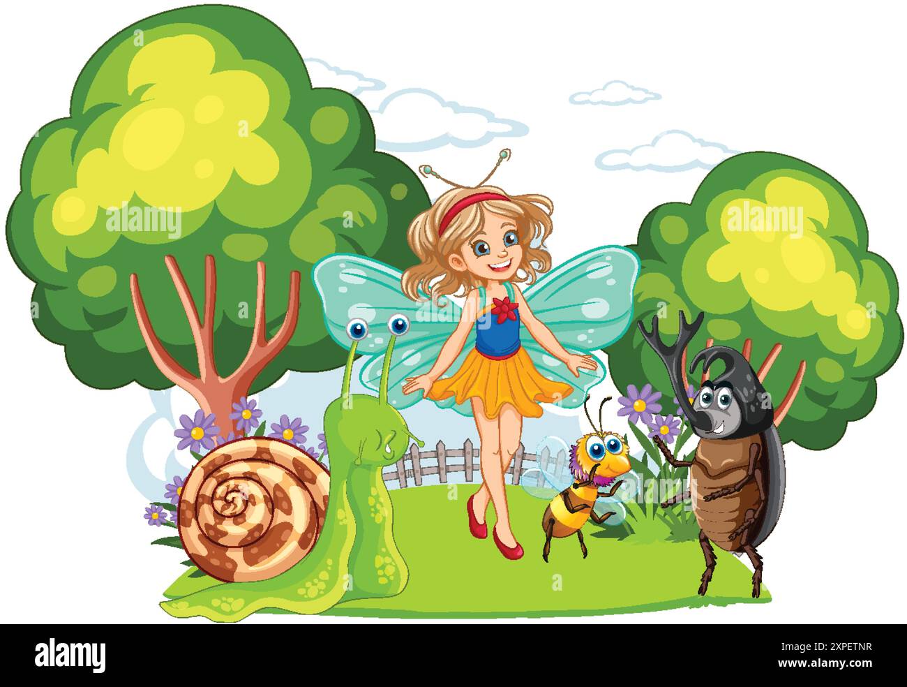 Une fée avec des amis insectes dans une forêt Illustration de Vecteur