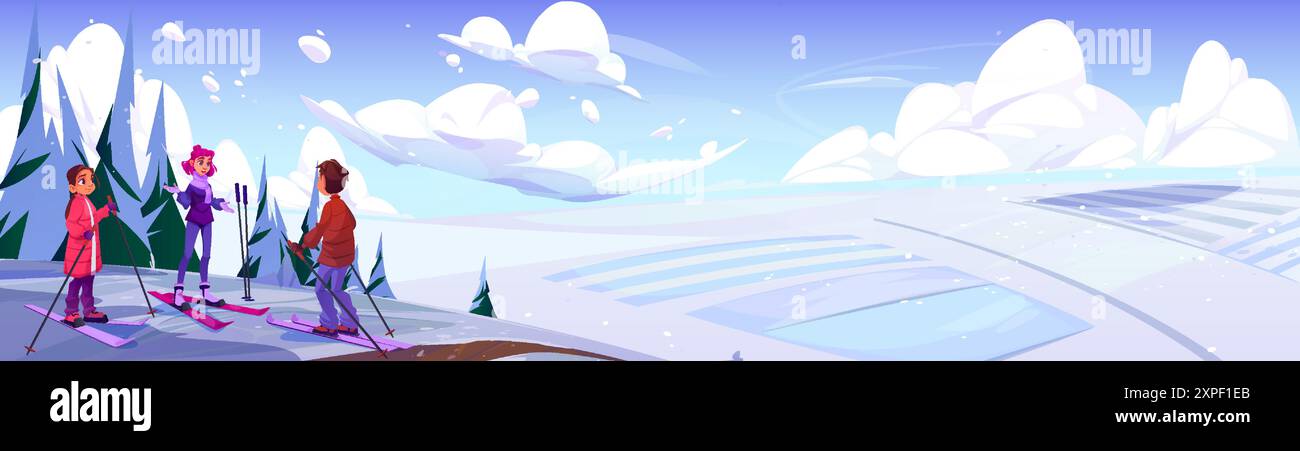 Adolescent garçon et fille en vêtements d'hiver et équipement de ski sur la haute montagne enneigée allant glisser vers le bas de la pente. Paysage de vacances d'activité de saison froide de vecteur de dessin animé. Adolescent touriste ski de descente. Illustration de Vecteur