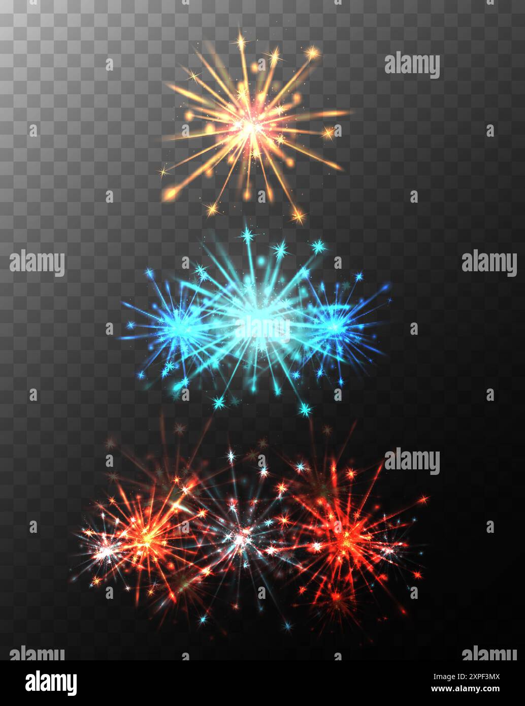 Ensemble de feux d'artifice transparents festifs isolés de l'arrière-plan. Explosions de festivals multicolores. Effet de feu d'artifice de superposition pour cartes, bannières Illustration de Vecteur