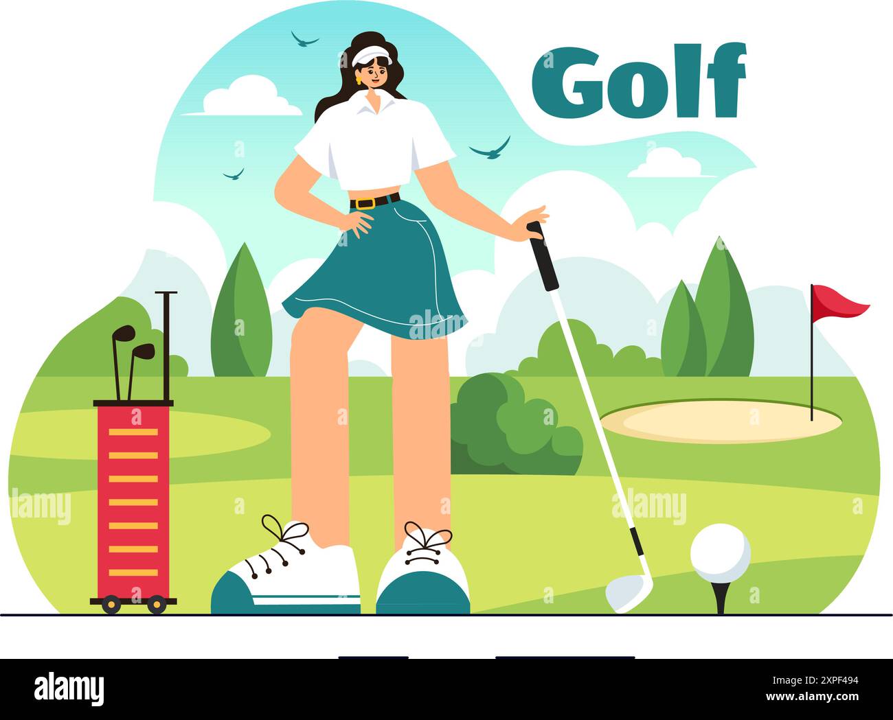 Illustration vectorielle de sport de golf avec drapeaux, panier, clubs, champ vert et bunker de sable pour le plaisir ou le style de vie en plein air dans un fond de dessin animé de style plat Illustration de Vecteur