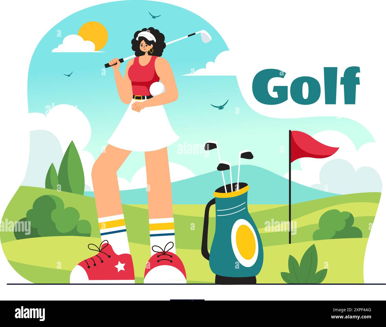 Illustration vectorielle de sport de golf avec drapeaux, panier, clubs, champ vert et bunker de sable pour le plaisir ou le style de vie en plein air dans un fond de dessin animé de style plat Illustration de Vecteur