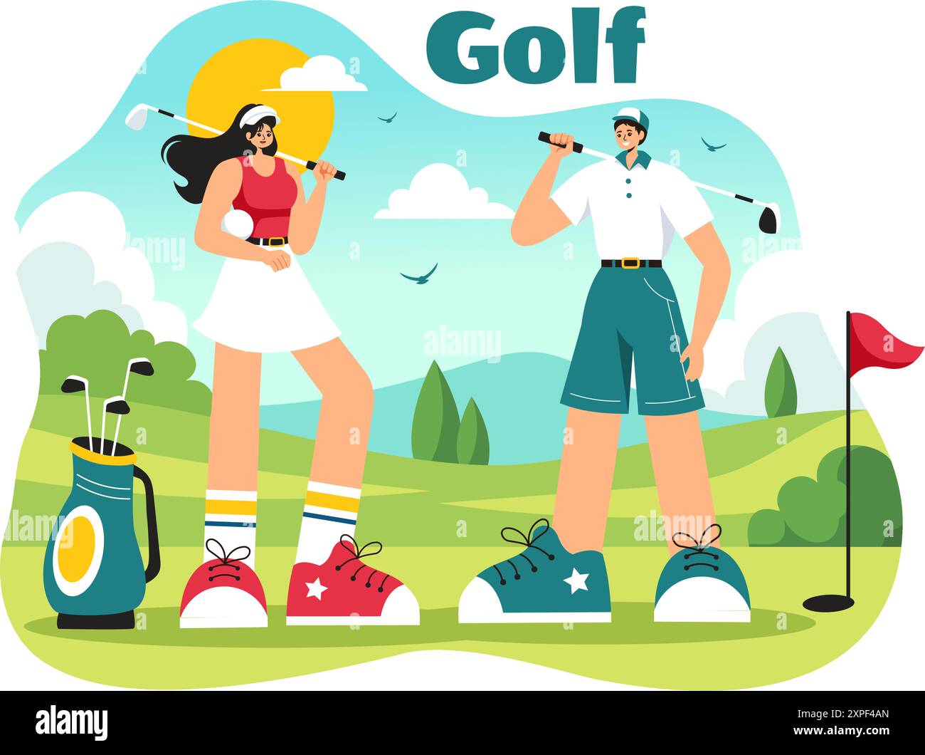 Illustration vectorielle de sport de golf avec drapeaux, panier, clubs, champ vert et bunker de sable pour le plaisir ou le style de vie en plein air dans un fond de dessin animé de style plat Illustration de Vecteur